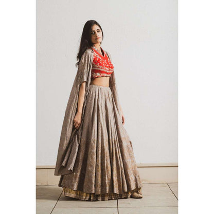 Neelu Sethi Block Print Lehenga and Cape With Silk Hand Embroidered Blouse (Set of 3)