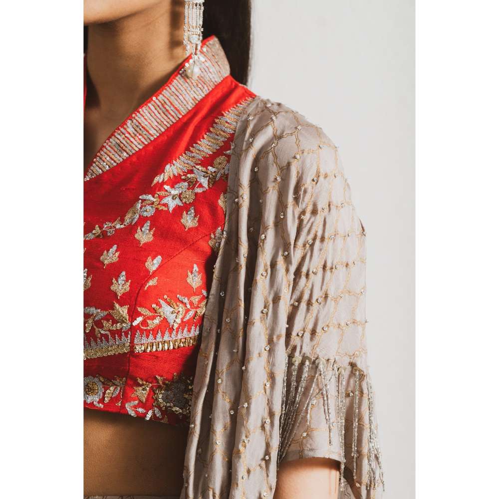 Neelu Sethi Block Print Lehenga and Cape With Silk Hand Embroidered Blouse (Set of 3)