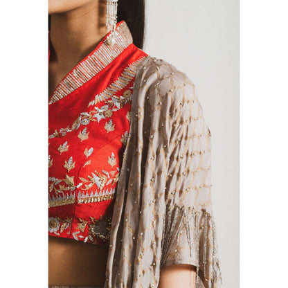 Neelu Sethi Block Print Lehenga and Cape With Silk Hand Embroidered Blouse (Set of 3)