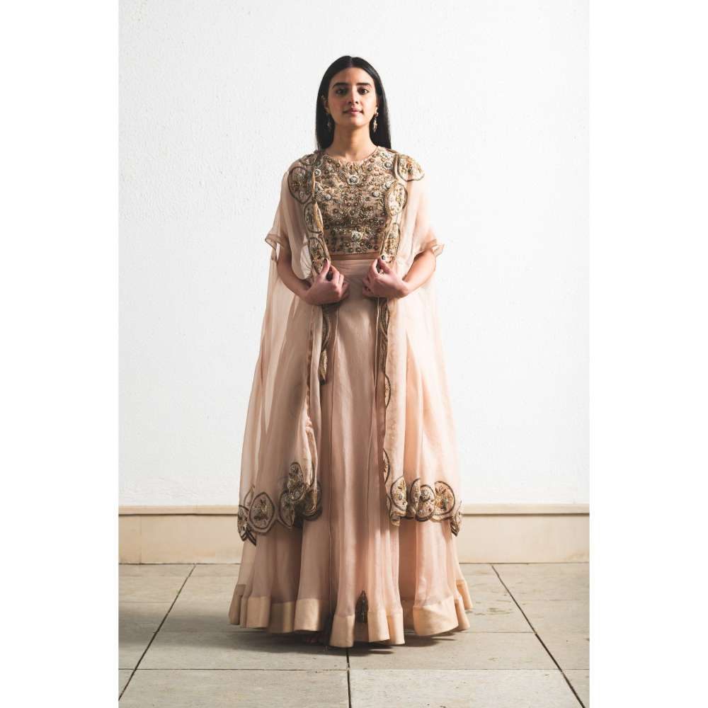 Neelu Sethi Peach Organza Lehenga and Cape With Hand Embordered Blouse (Set of 3)