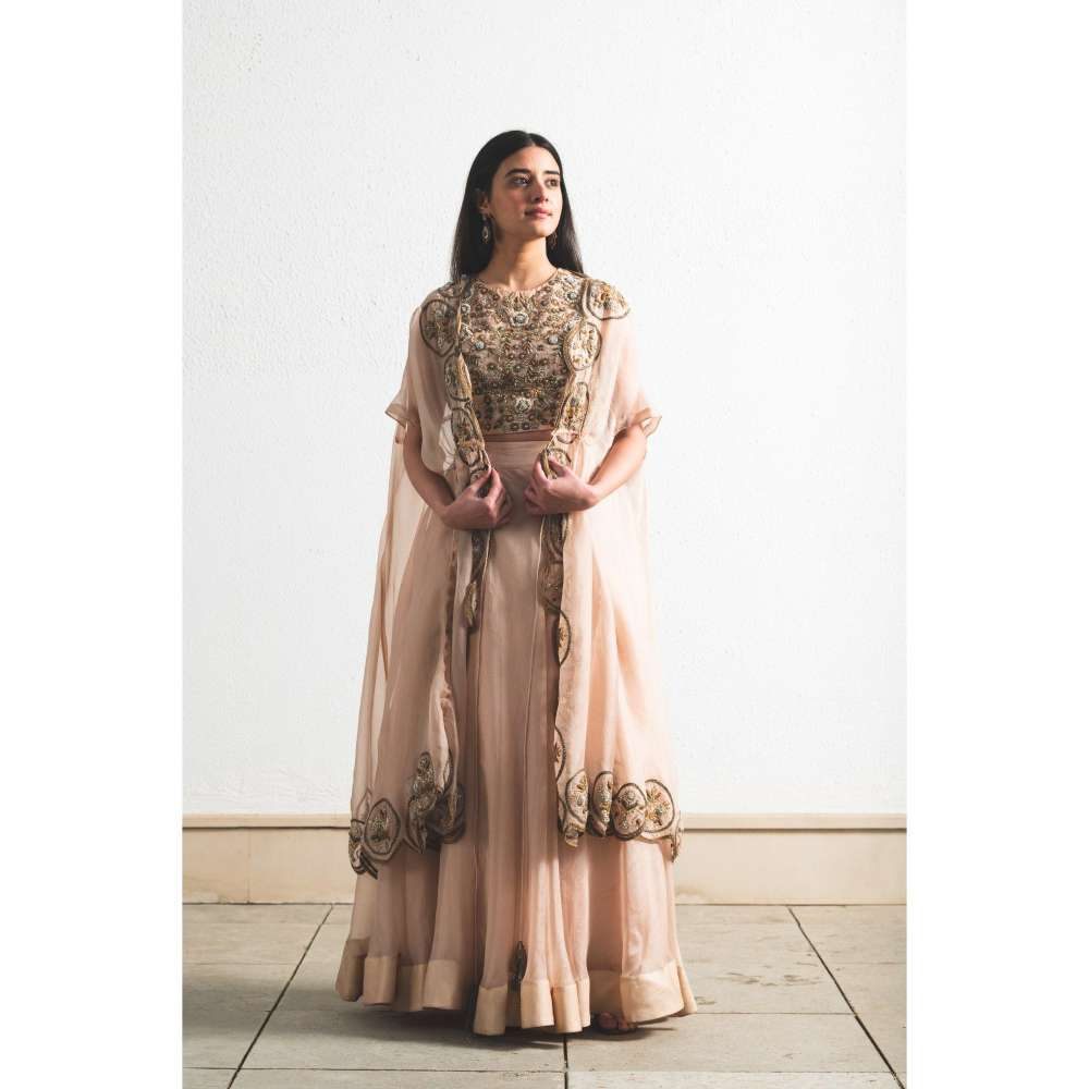 Neelu Sethi Peach Organza Lehenga and Cape With Hand Embordered Blouse (Set of 3)