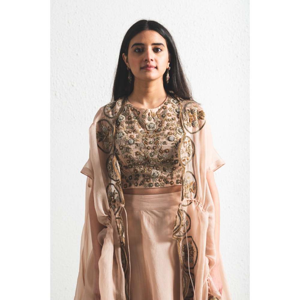 Neelu Sethi Peach Organza Lehenga and Cape With Hand Embordered Blouse (Set of 3)