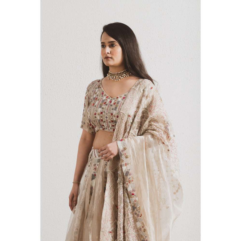 Neelu Sethi Beige Hand Embroidered Lehenga and Blouse with Dupatta (Set of 3)