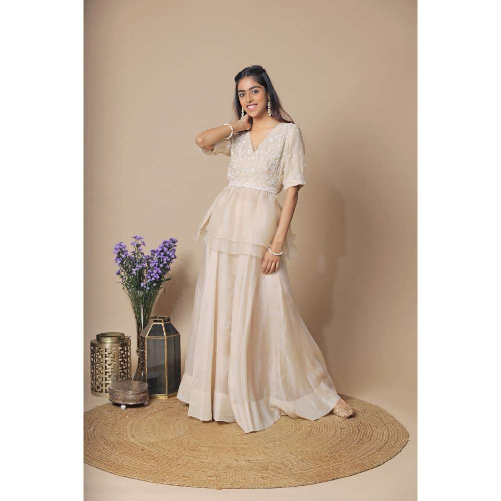 Neelu Sethi Organza Sharara With Embroidered Peplum Top and Belt (Set of 3)