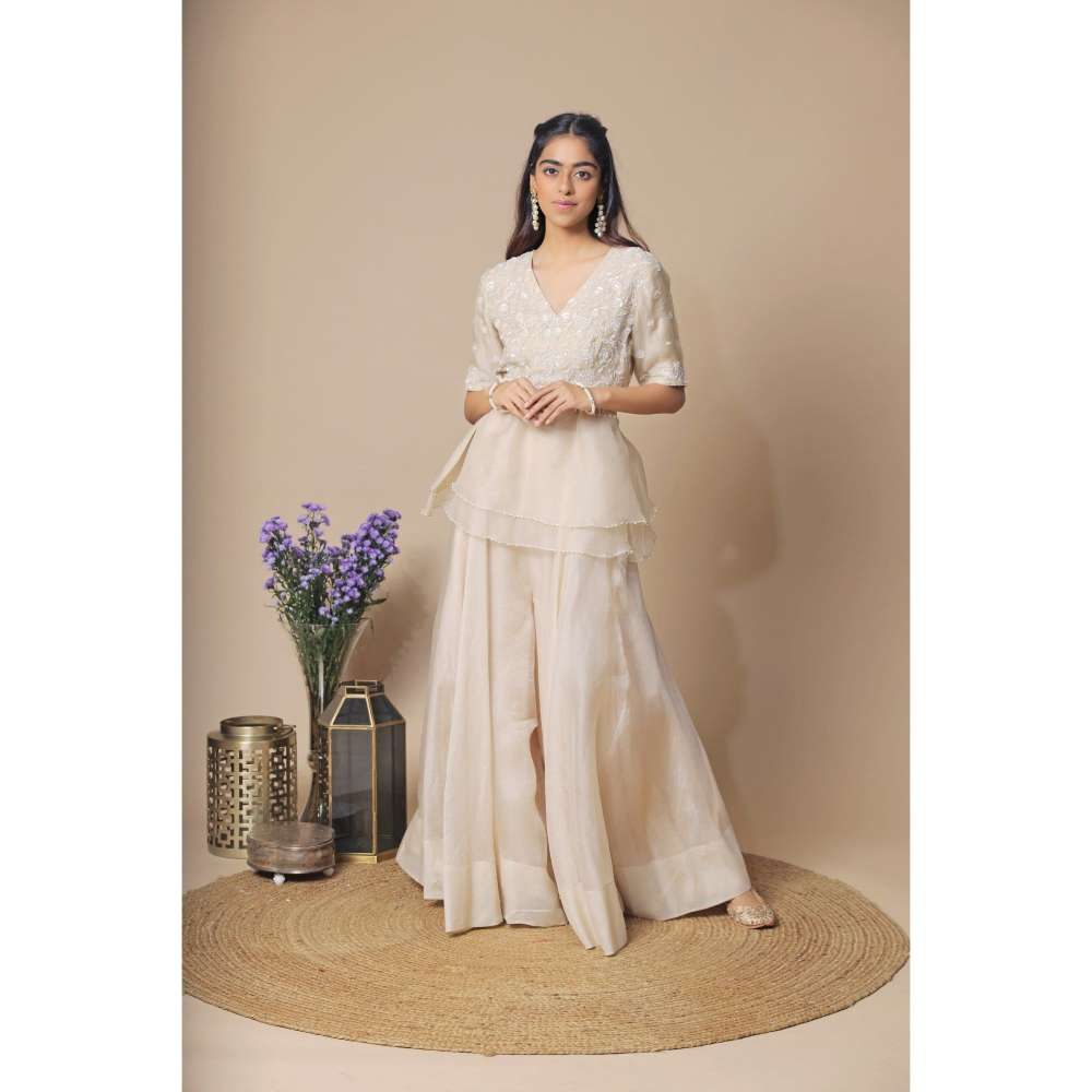 Neelu Sethi Organza Sharara With Embroidered Peplum Top and Belt (Set of 3)