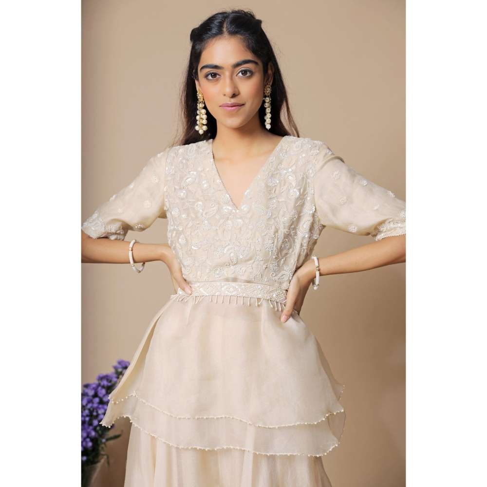 Neelu Sethi Organza Sharara With Embroidered Peplum Top and Belt (Set of 3)