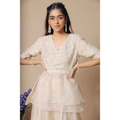 Neelu Sethi Organza Sharara With Embroidered Peplum Top and Belt (Set of 3)