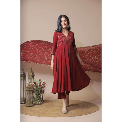 Neelu Sethi Maroon Chanderi Anarkali Kurta and Churidar with Embroidered Dupatta (Set of 3)