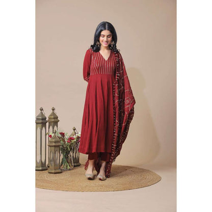 Neelu Sethi Maroon Chanderi Anarkali Kurta and Churidar with Embroidered Dupatta (Set of 3)