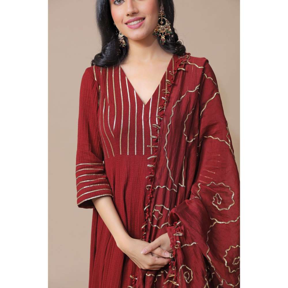 Neelu Sethi Maroon Chanderi Anarkali Kurta and Churidar with Embroidered Dupatta (Set of 3)