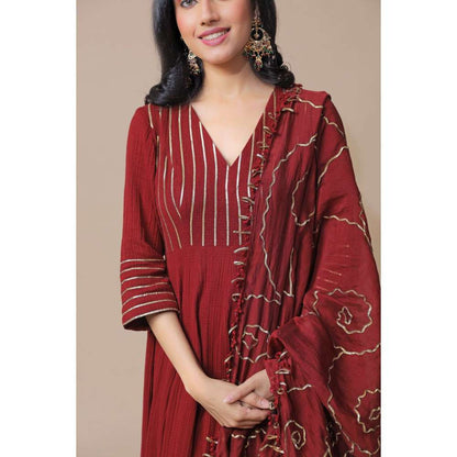 Neelu Sethi Maroon Chanderi Anarkali Kurta and Churidar with Embroidered Dupatta (Set of 3)