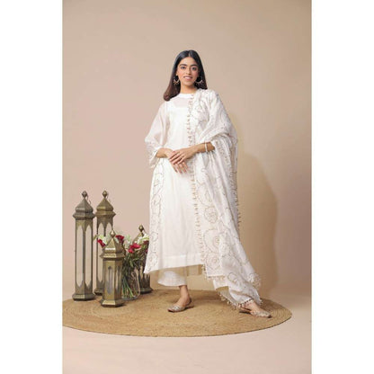 Neelu Sethi White Kurta and Pant with Embroidered Chanderi Dupatta (Set of 3)