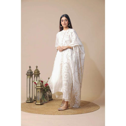 Neelu Sethi White Kurta and Pant with Embroidered Chanderi Dupatta (Set of 3)