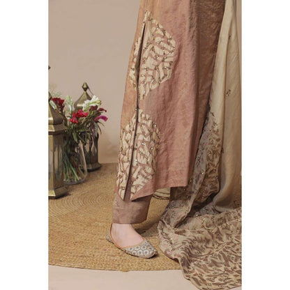 Neelu Sethi Brown Tissue Chanderi Kurta With Pant With Embroidered Dupatta (Set of 3)
