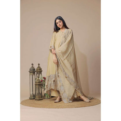 Neelu Sethi Gold Chanderi Kurta With Pant And Embroidered Dupatta (Set of 3)