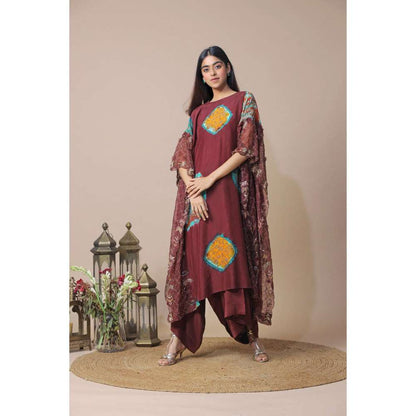 Neelu Sethi Silk Tie Dye Shibori Cape With Drop Crotch Pant And Blouse (Set of 3)