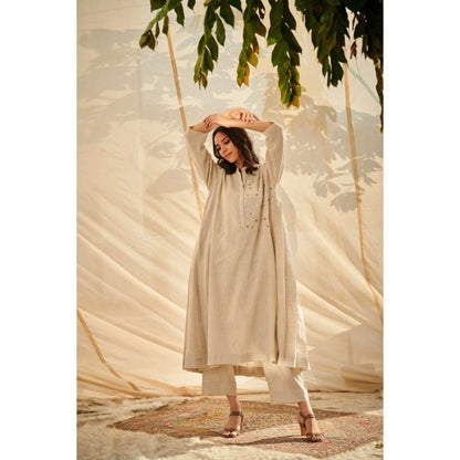 Neelu Sethi Beige Cotton Linen Hand Embroidered Kurta And Pant (Set of 2)