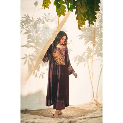 Neelu Sethi Burgundy Silk Velvet Embroidered Kurta With Yoke Cotton Satin Pant (Set of 2)