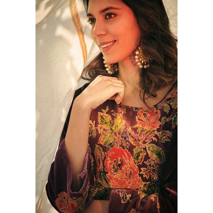 Neelu Sethi Burgundy Silk Velvet Embroidered Kurta With Yoke Cotton Satin Pant (Set of 2)