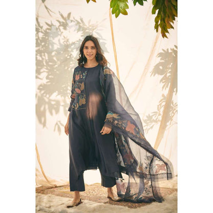 Neelu Sethi Navy Blue Embroidered Kurta With and Pant with Organza Panel Dupatta (Set of 3)
