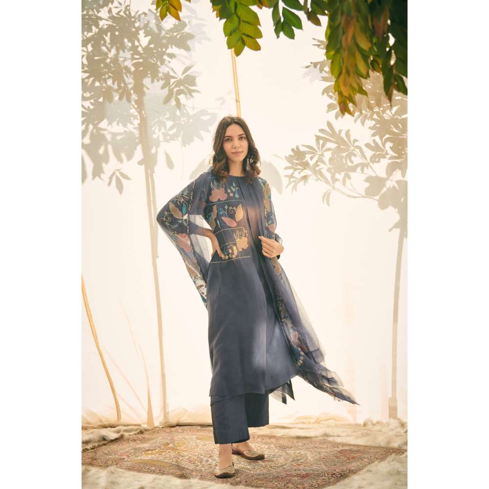 Neelu Sethi Navy Blue Embroidered Kurta With and Pant with Organza Panel Dupatta (Set of 3)