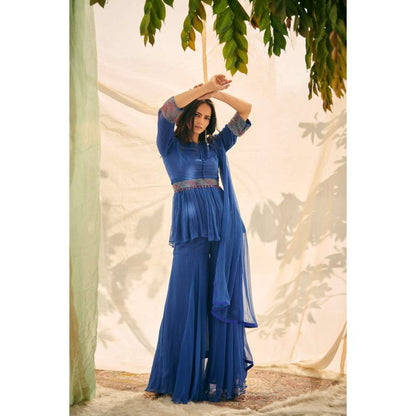 Neelu Sethi Chiffon Embroidered Peplum Top-Sharara with Dupatta and Belt (Set of 4)