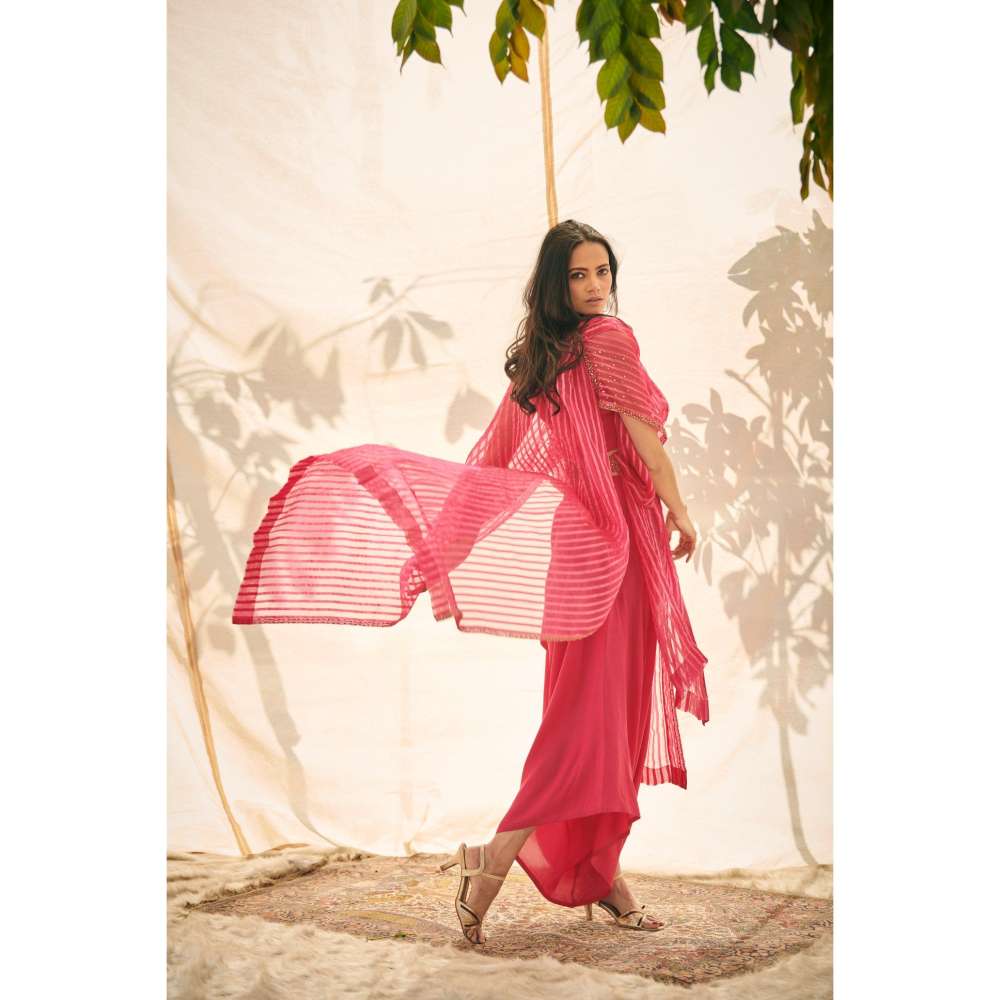 Neelu Sethi Organza Pant And Blouse With Cape and Hand Embroidered Belt (Set of 4)