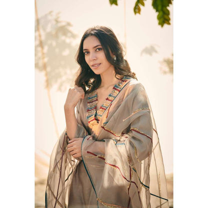 Neelu Sethi Grey Chanderi Kurta and Embroidered Salwar With Organza Dupatta (Set of 3)