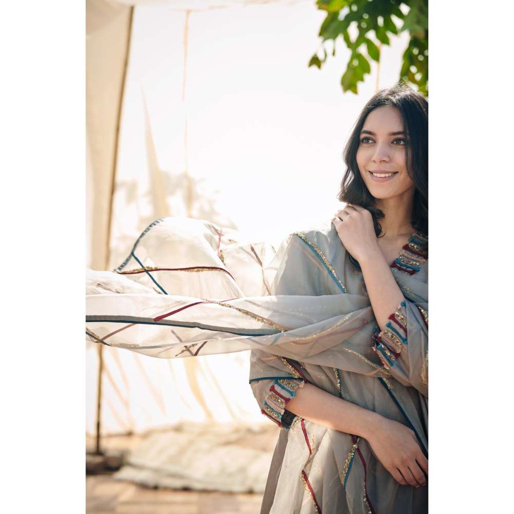 Neelu Sethi Grey Chanderi Kurta and Embroidered Salwar With Organza Dupatta (Set of 3)