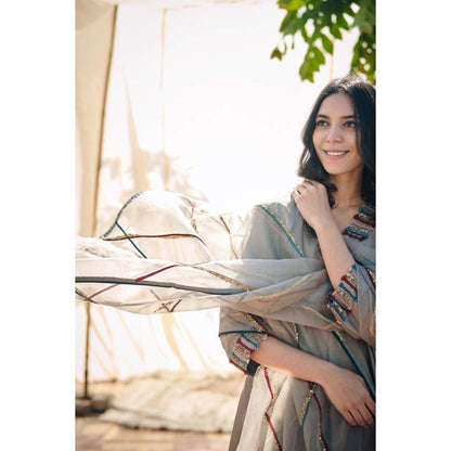 Neelu Sethi Grey Chanderi Kurta and Embroidered Salwar With Organza Dupatta (Set of 3)