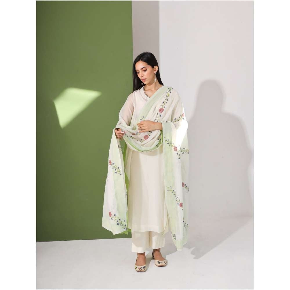 Neelu Sethi Off White And Lime Green Kurta and Pant With Embroidered Dupatta (Set of 3)