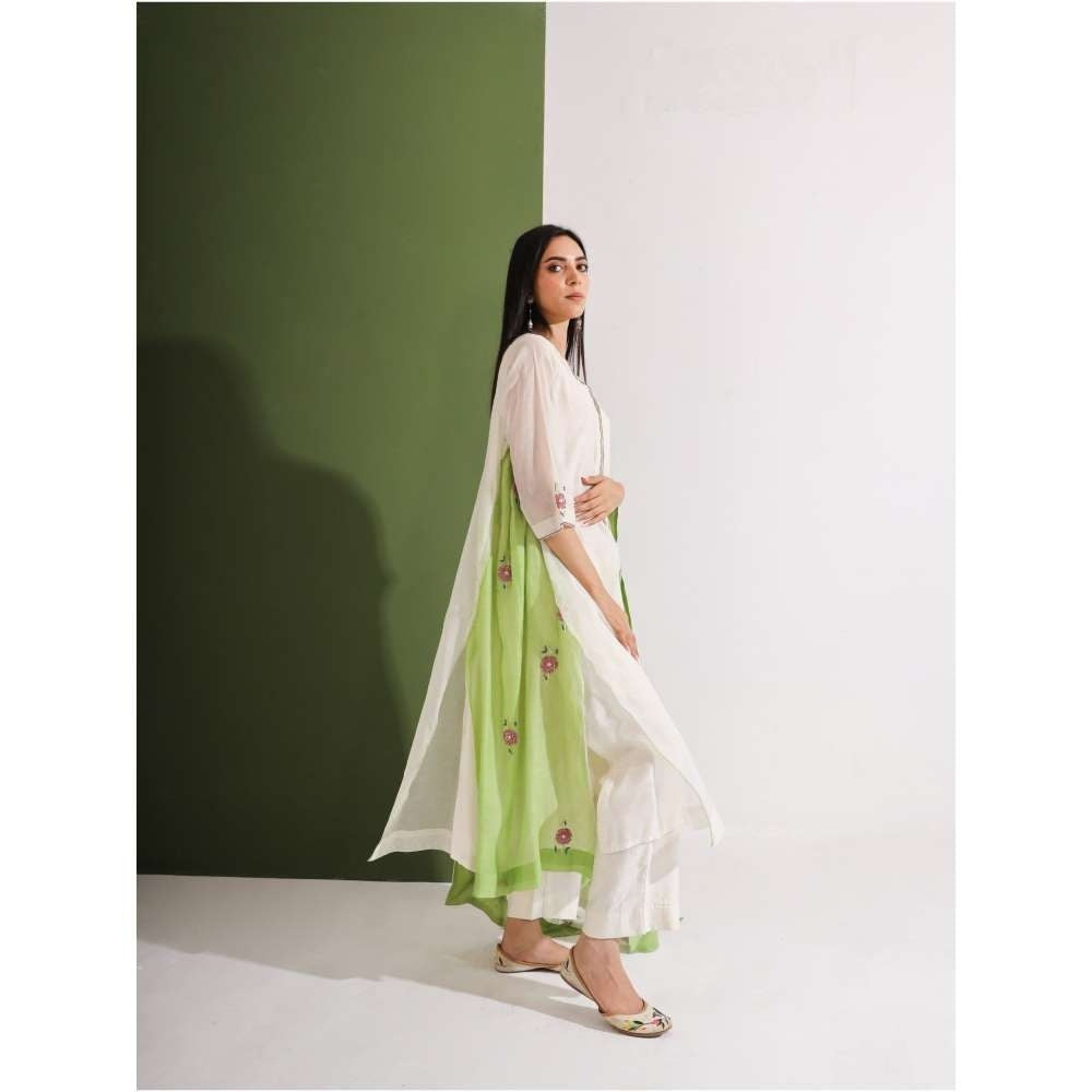 Neelu Sethi Off White And Lime Green Kurta and Pant With Embroidered Dupatta (Set of 3)