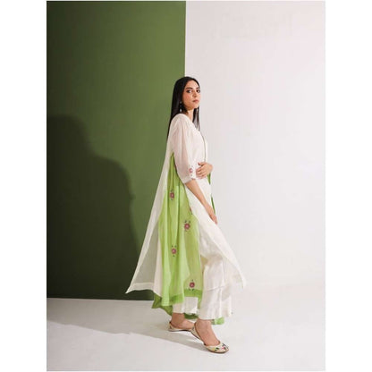 Neelu Sethi Off White And Lime Green Kurta and Pant With Embroidered Dupatta (Set of 3)