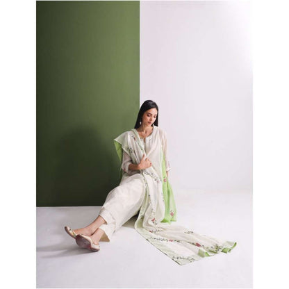 Neelu Sethi Off White And Lime Green Kurta and Pant With Embroidered Dupatta (Set of 3)