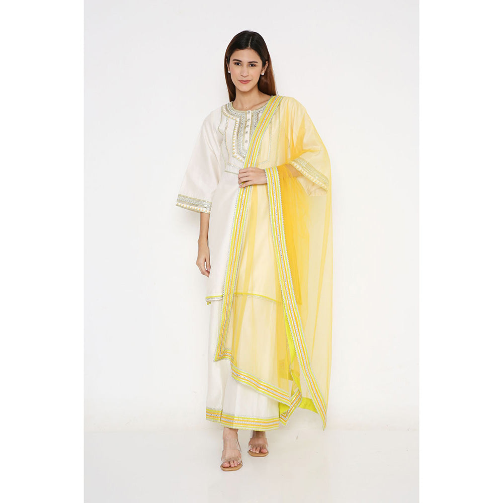 Neha Mehra Ivory A-Line Short Chanderi Kurta with Palazzo and Net Dupatta (Set of 3)