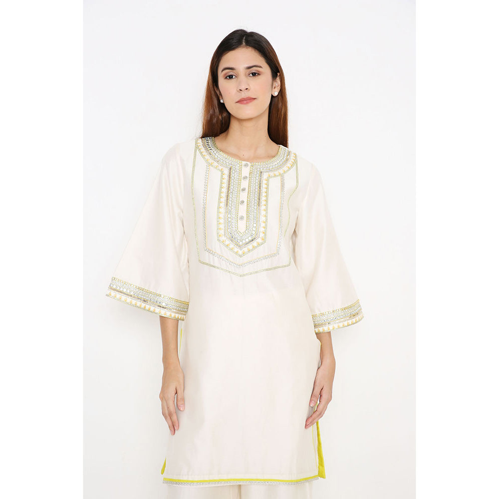 Neha Mehra Ivory A-Line Short Chanderi Kurta with Palazzo and Net Dupatta (Set of 3)