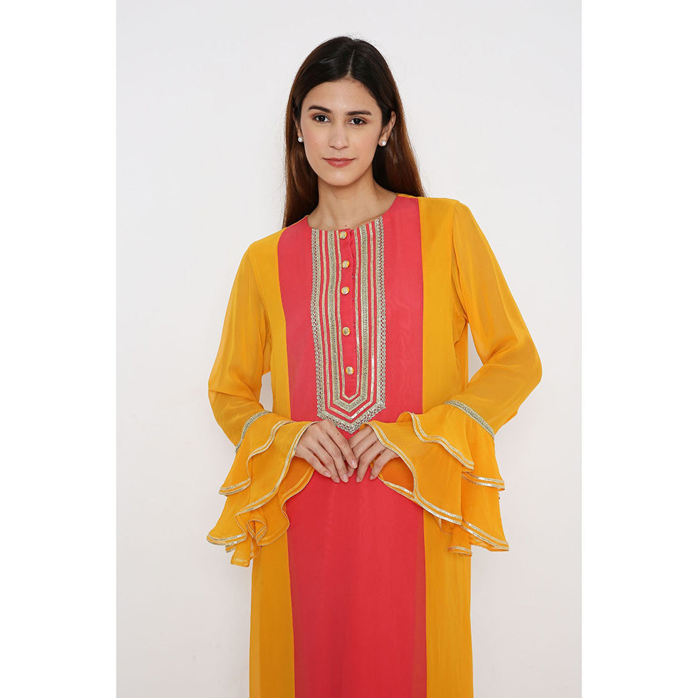 Neha Mehra Saffron Georgette Colour Block Kurta with Pant and Dupatta (Set of 3)