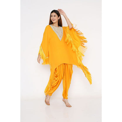 Neha Mehra Saffron Fringe Georgette Kaftan with Dhoti Pants (Set of 2)
