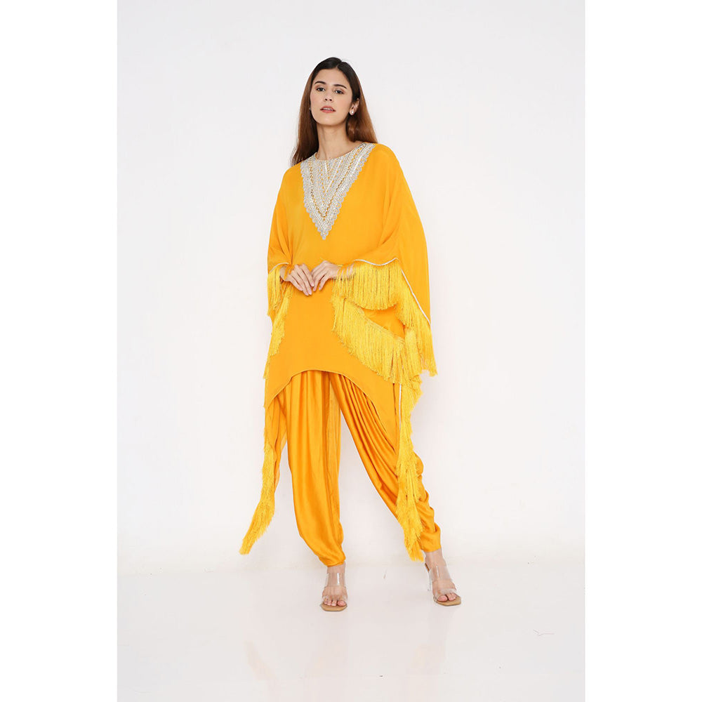 Neha Mehra Saffron Fringe Georgette Kaftan with Dhoti Pants (Set of 2)