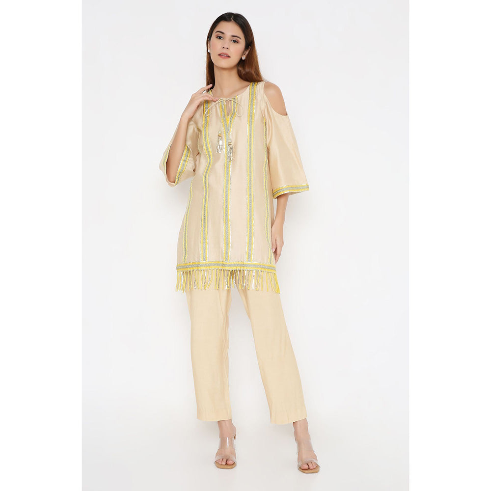 Neha Mehra Beige Chanderi Gota Stripe Short Kurta with Pants (Set of 2)