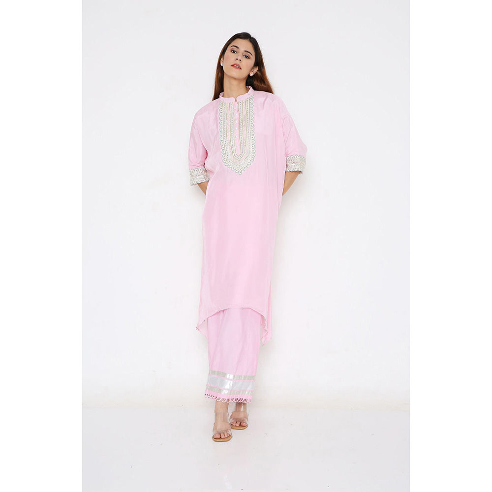 Neha Mehra Candy Pink Silk Embroidered Asymmetrical Kurta with Pant (Set of 2)