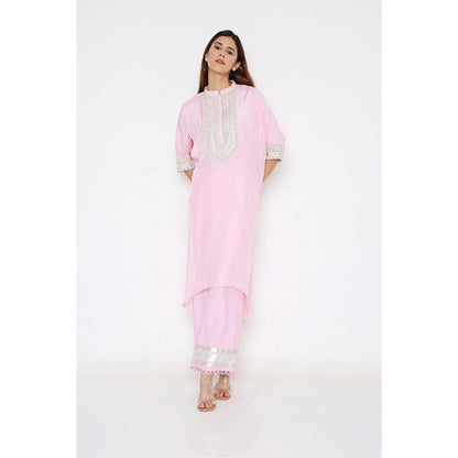 Neha Mehra Candy Pink Silk Embroidered Asymmetrical Kurta with Pant (Set of 2)