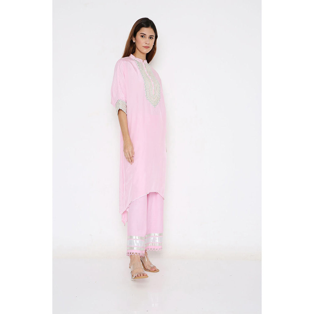 Neha Mehra Candy Pink Silk Embroidered Asymmetrical Kurta with Pant (Set of 2)