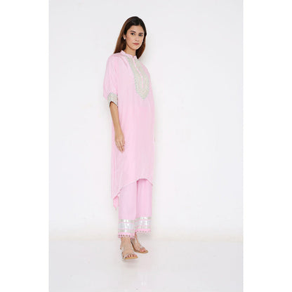Neha Mehra Candy Pink Silk Embroidered Asymmetrical Kurta with Pant (Set of 2)