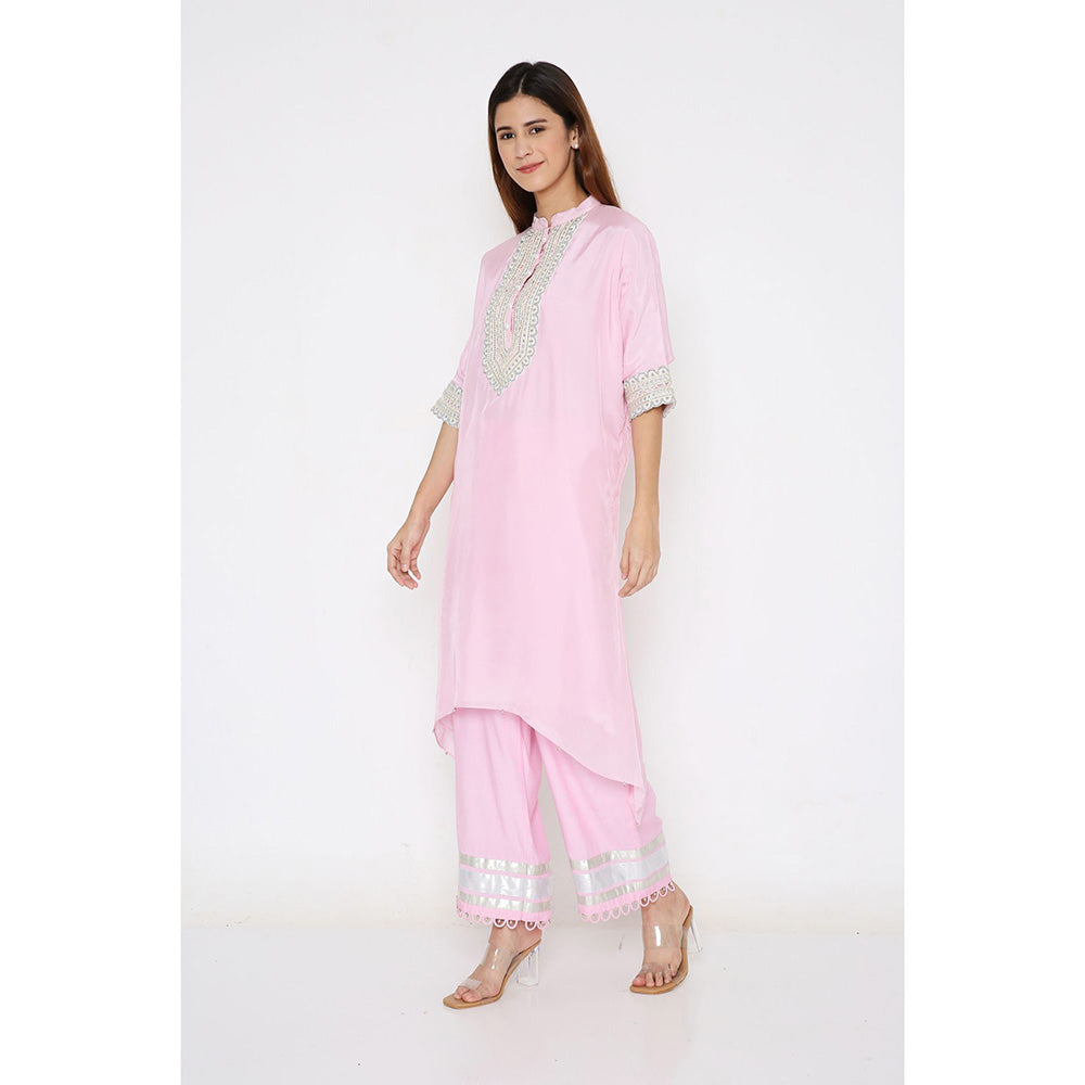 Neha Mehra Candy Pink Silk Embroidered Asymmetrical Kurta with Pant (Set of 2)