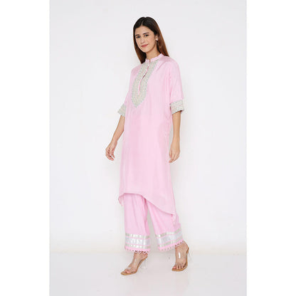 Neha Mehra Candy Pink Silk Embroidered Asymmetrical Kurta with Pant (Set of 2)