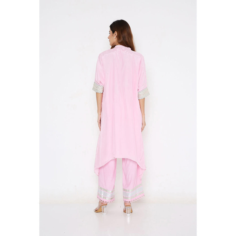 Neha Mehra Candy Pink Silk Embroidered Asymmetrical Kurta with Pant (Set of 2)
