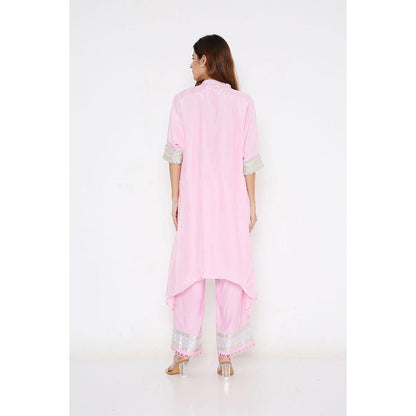 Neha Mehra Candy Pink Silk Embroidered Asymmetrical Kurta with Pant (Set of 2)