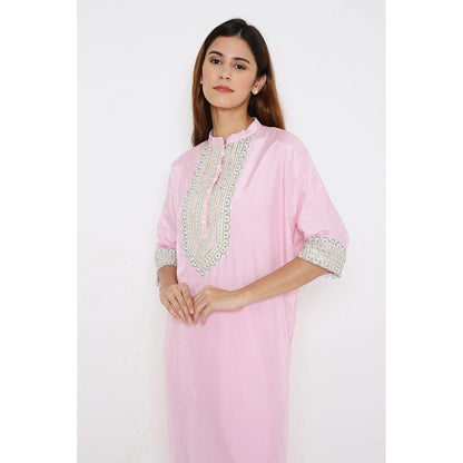 Neha Mehra Candy Pink Silk Embroidered Asymmetrical Kurta with Pant (Set of 2)
