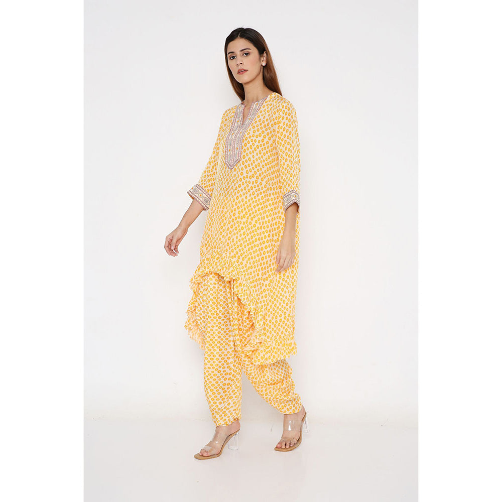 Neha Mehra Saffron Polka Crepe Asymmetrical Ruffle Kurta with Dhoti Pants (Set of 2)